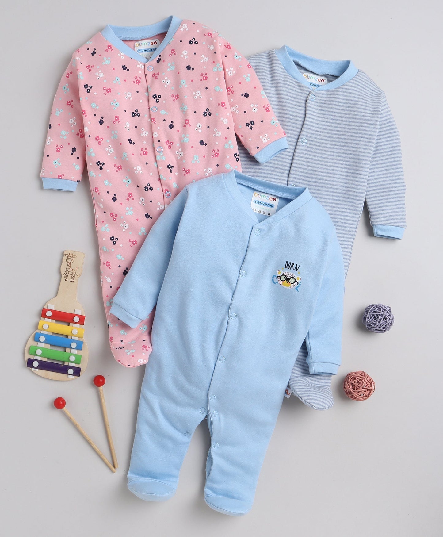 wholesale only Peb10033 - Blue & White Girls Half Sleeves Cotton Jablas Pack Of 3