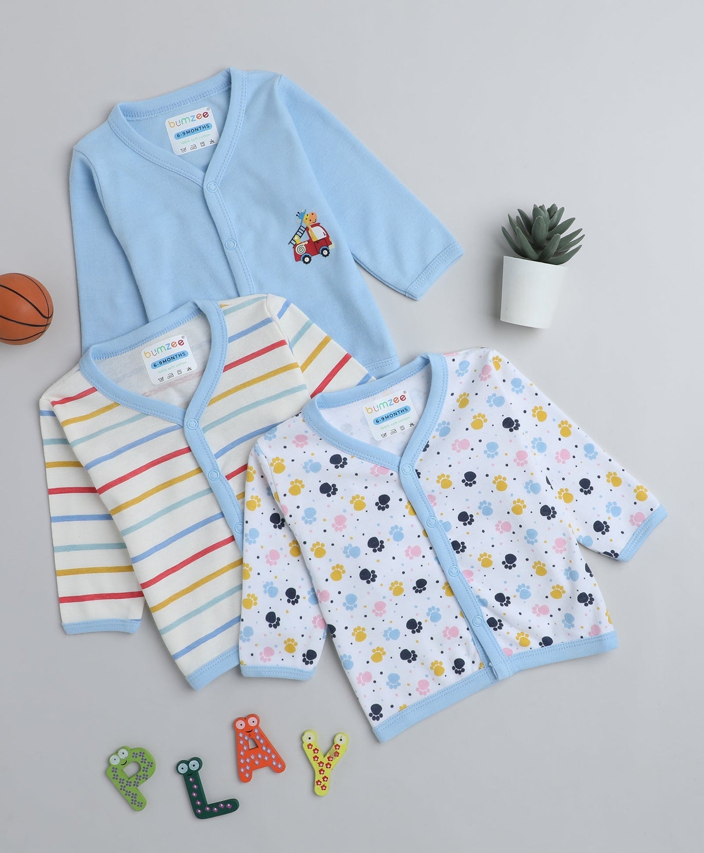 wholesale only Peb10033 - Blue & White Girls Half Sleeves Cotton Jablas Pack Of 3