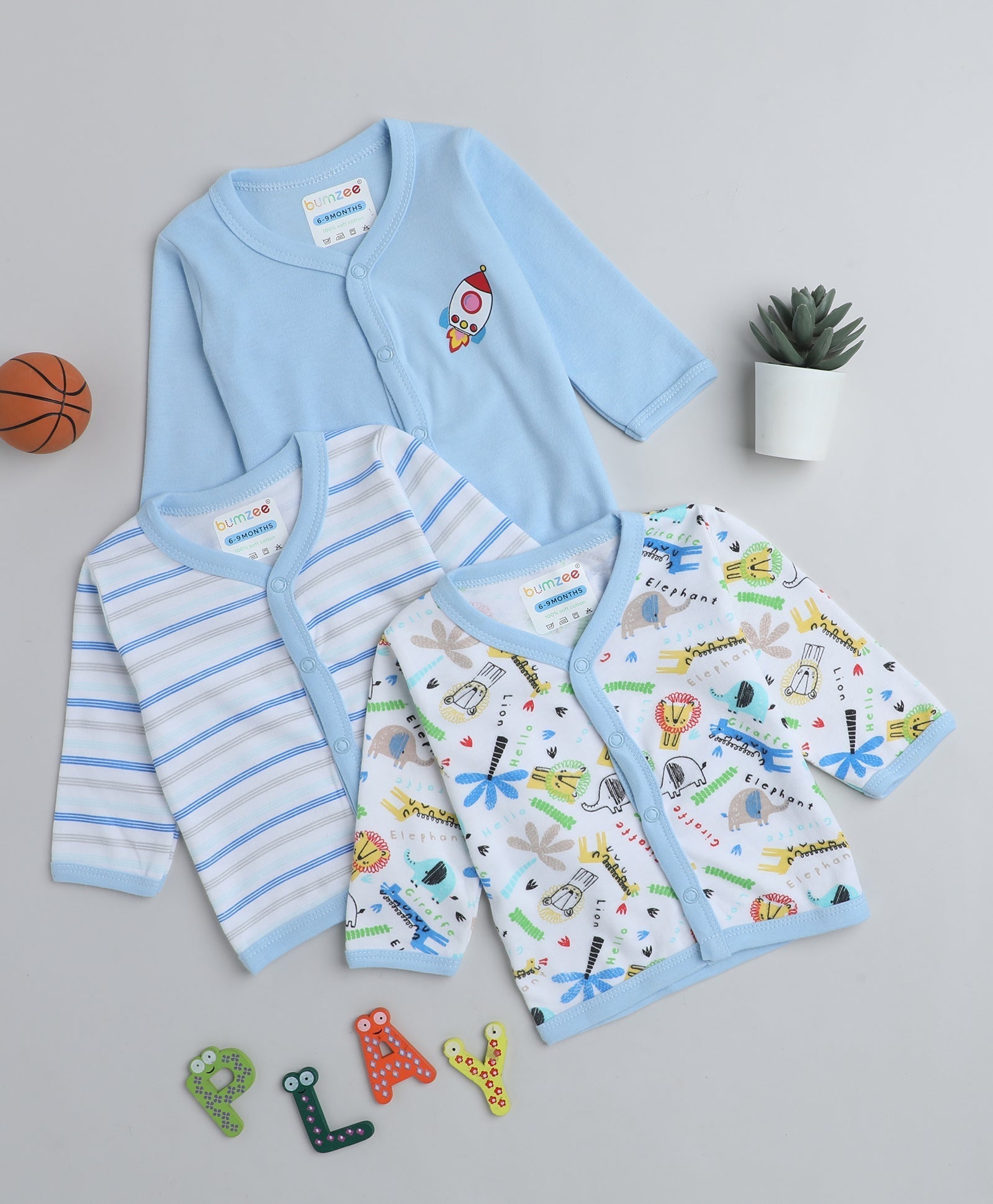 wholesale only Peb10033 - Blue & White Girls Half Sleeves Cotton Jablas Pack Of 3