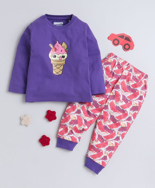 KP6041 - Full sleeve Tshirt and Pyjama - purple, red - grahphic- Pack of 5