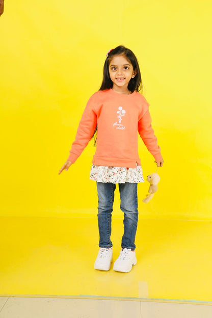 Kids Wear Sweat shirt Fleece 100% cotton with embroidery and attached skirt for wholesale only . 
Premium design of kids sweatshirt 
Kids wear , imported designs, korean design. 
Sweat shirt with skirt attached for girls 
Drop shoulder 