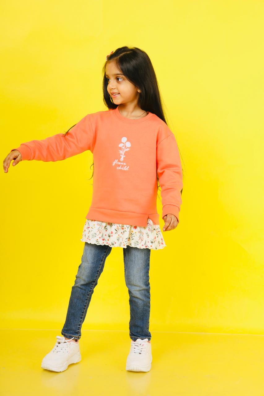 Kids Wear Sweat shirt Fleece 100% cotton with embroidery and attached skirt for wholesale only . 
Premium design of kids sweatshirt 
Kids wear , imported designs, korean design. 
Sweat shirt with skirt attached for girls 
Drop shoulder 