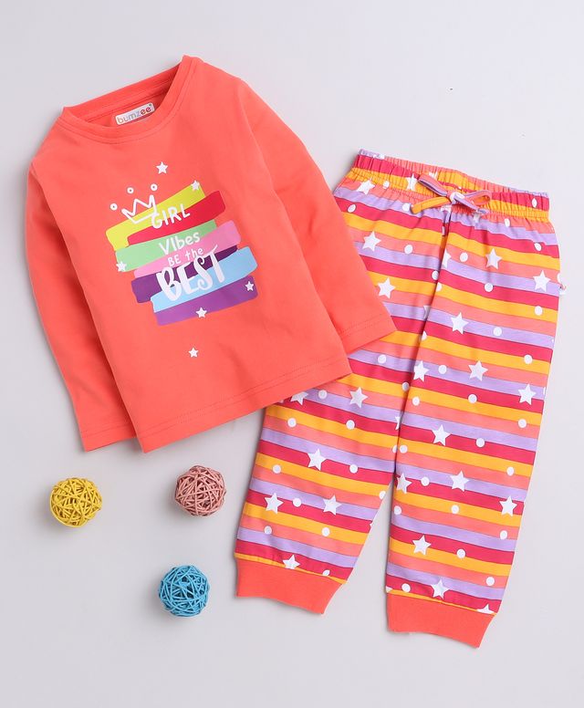 KP6075 - Full sleeve Tshirt and Pyjama - orange - printed- Pack of 7